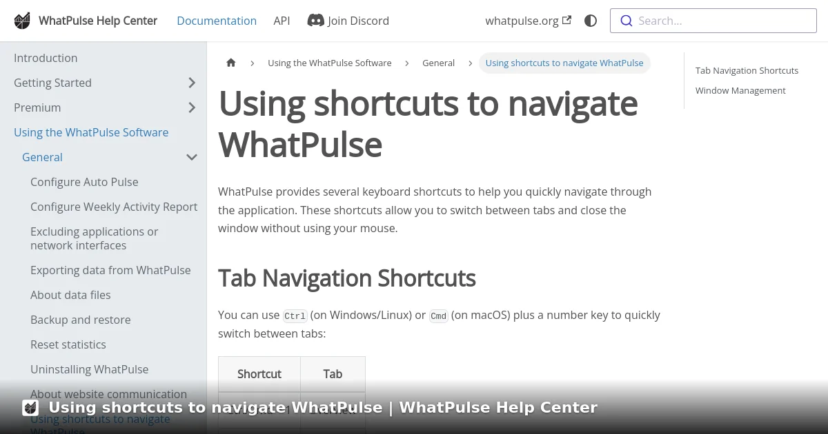 Using shortcuts to navigate WhatPulse | WhatPulse Help Center